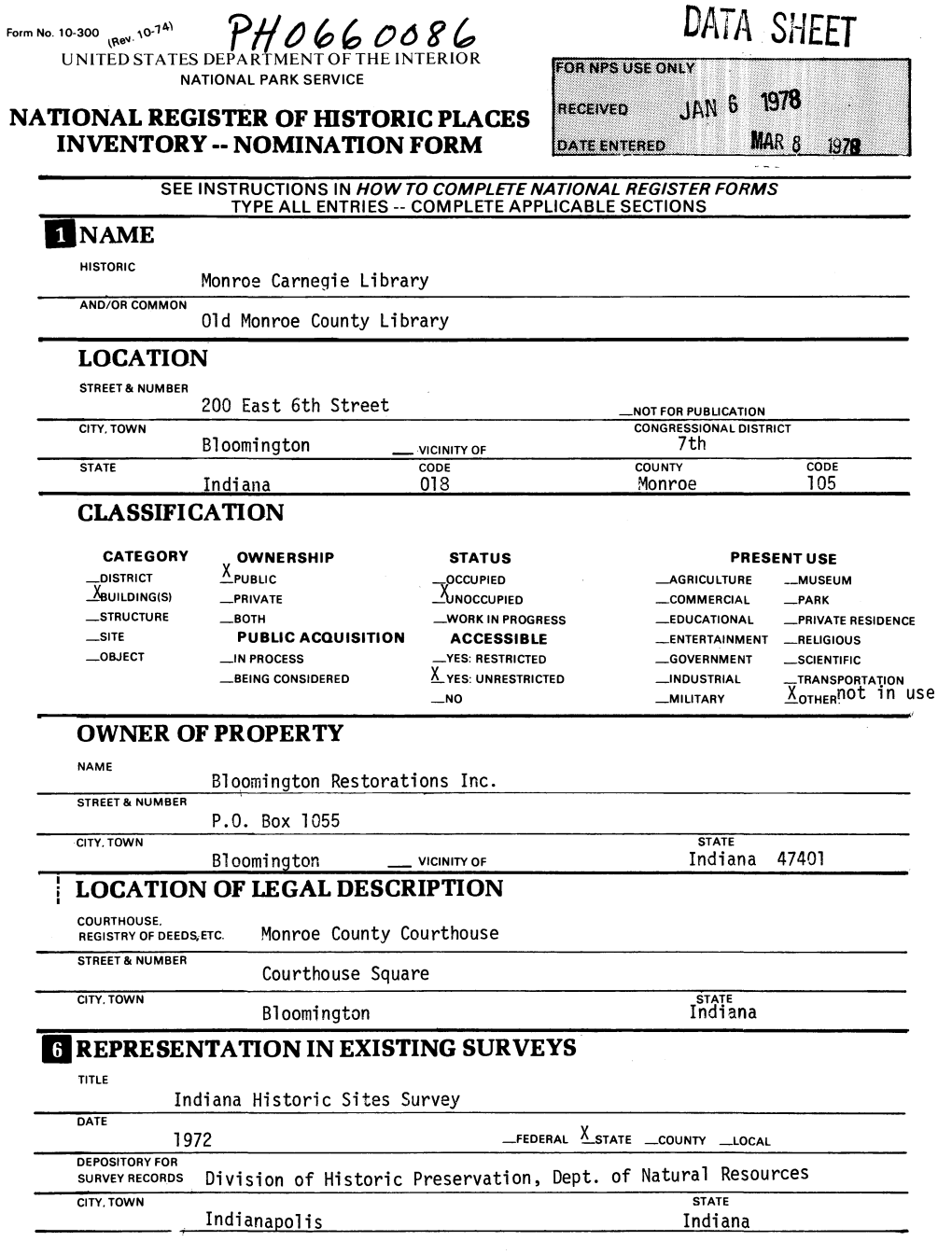 Data Sheet the National Park Service National Register of Historic Places Inventory -- Nomination Form