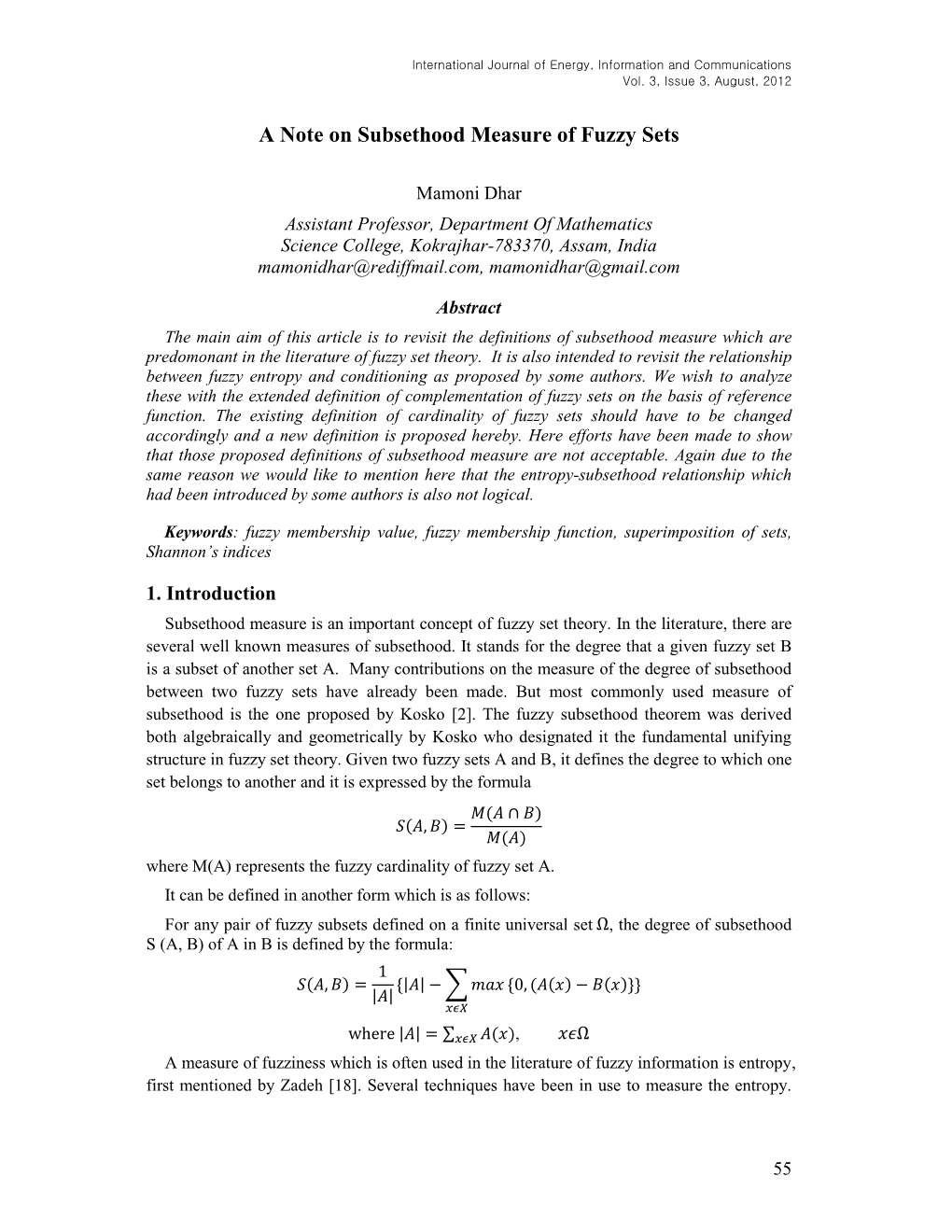 A Note on Subsethood Measure of Fuzzy Sets