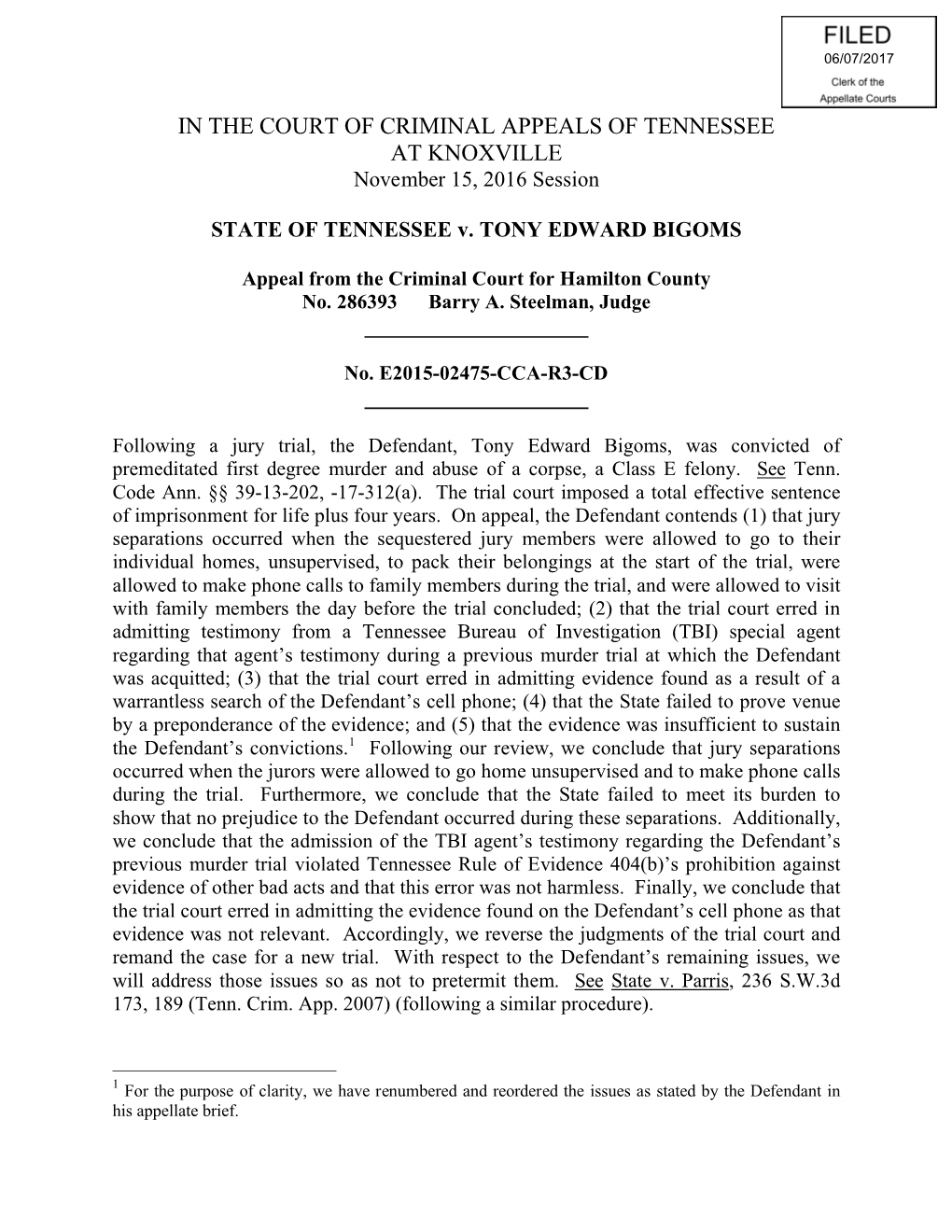 STATE of TENNESSEE V. TONY EDWARD BIGOMS