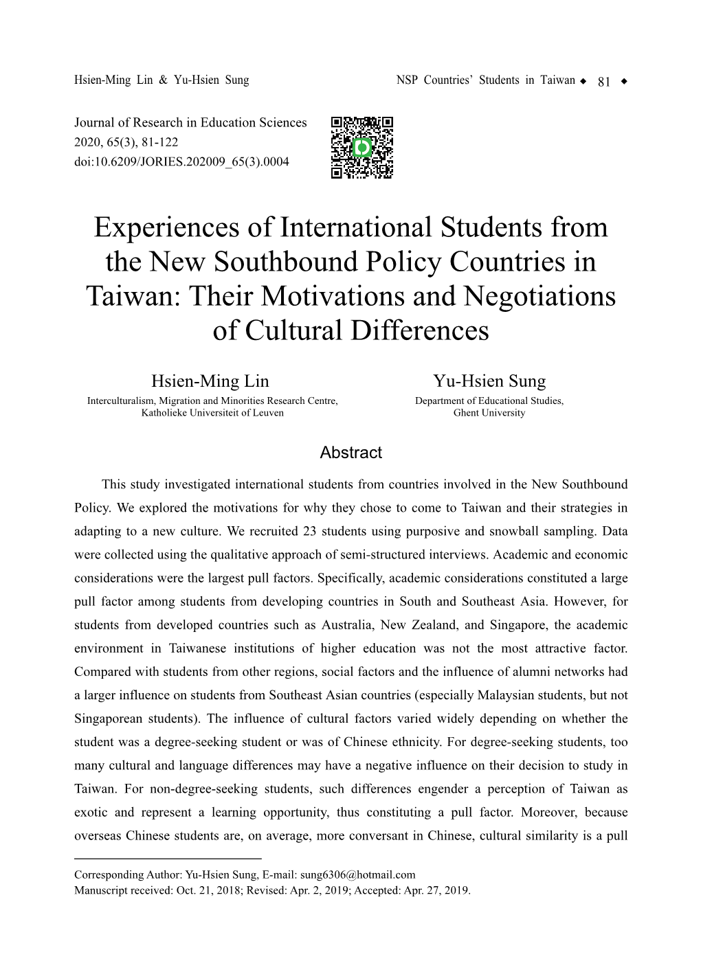 Experiences of International Students from the New Southbound Policy Countries in Taiwan: Their Motivations and Negotiations of Cultural Differences