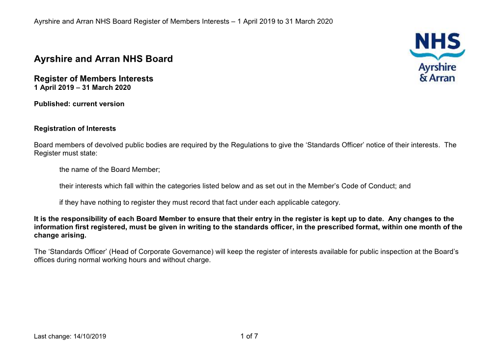 Ayrshire and Arran NHS Board Register of Members Interests – 1 April 2019 to 31 March 2020