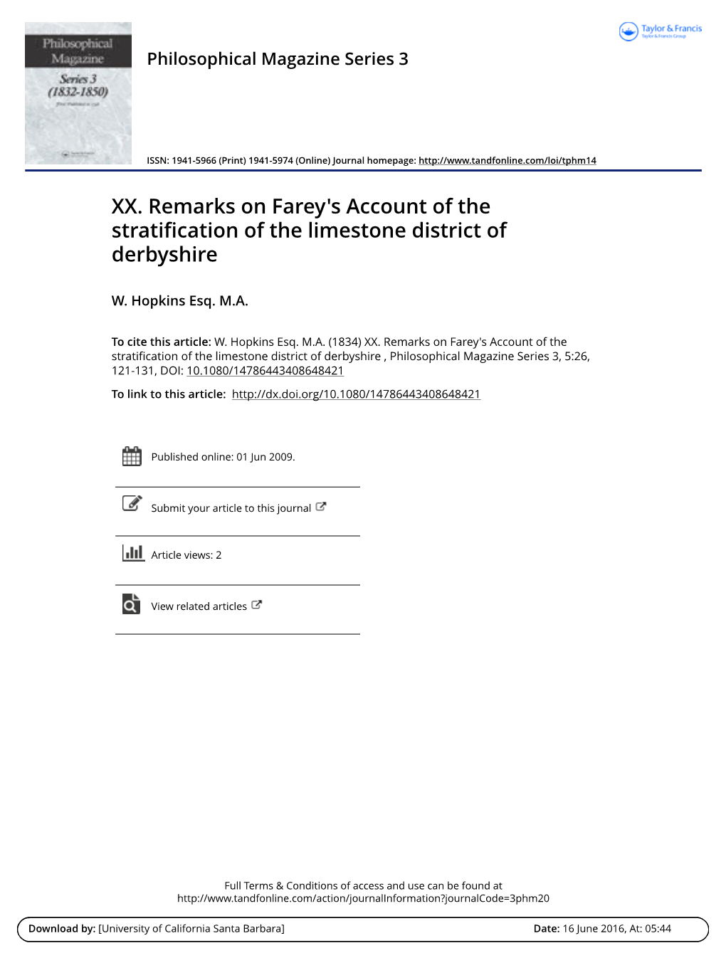 XX. Remarks on Farey's Account of the Stratification of the Limestone District of Derbyshire