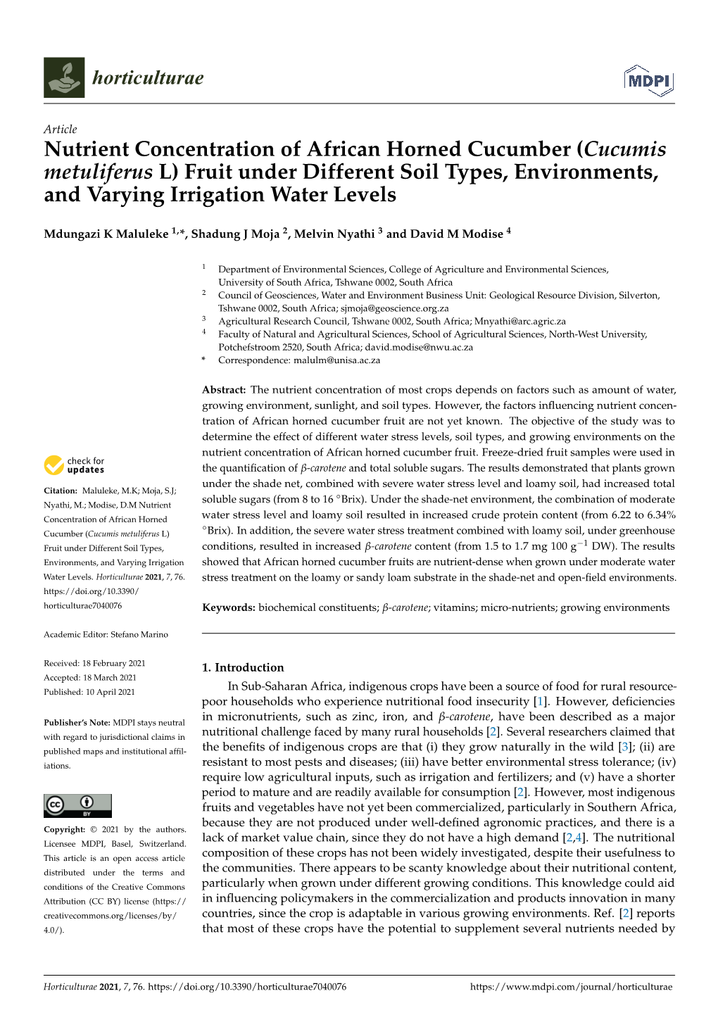 Nutrient Concentration of African Horned Cucumber (Cucumis Metuliferus L) Fruit Under Different Soil Types, Environments, and Varying Irrigation Water Levels