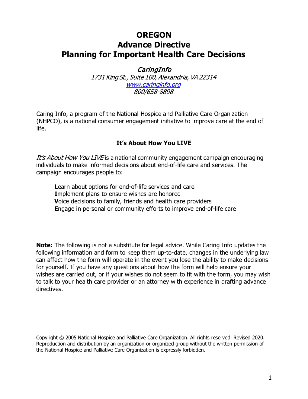 OREGON Advance Directive Planning for Important Health Care Decisions