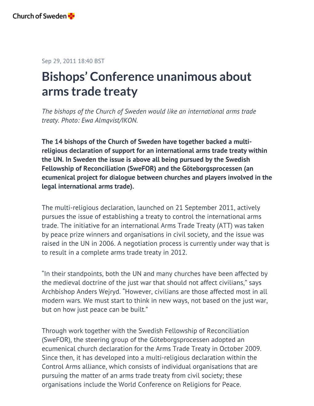 Bishops' Conference Unanimous About Arms Trade Treaty