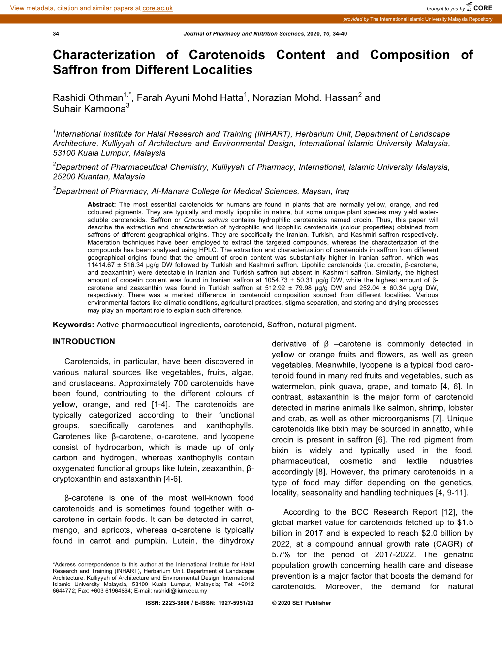 Characterization of Carotenoids Content and Composition of Saffron from Different Localities