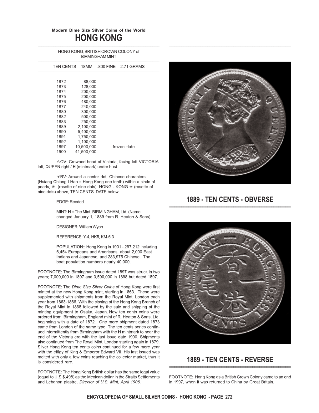 HONG KONG ======HONG KONG, BRITISH CROWN COLONY of BIRMINGHAM MINT ======TEN CENTS 18MM .800 FINE 2.71 GRAMS ======