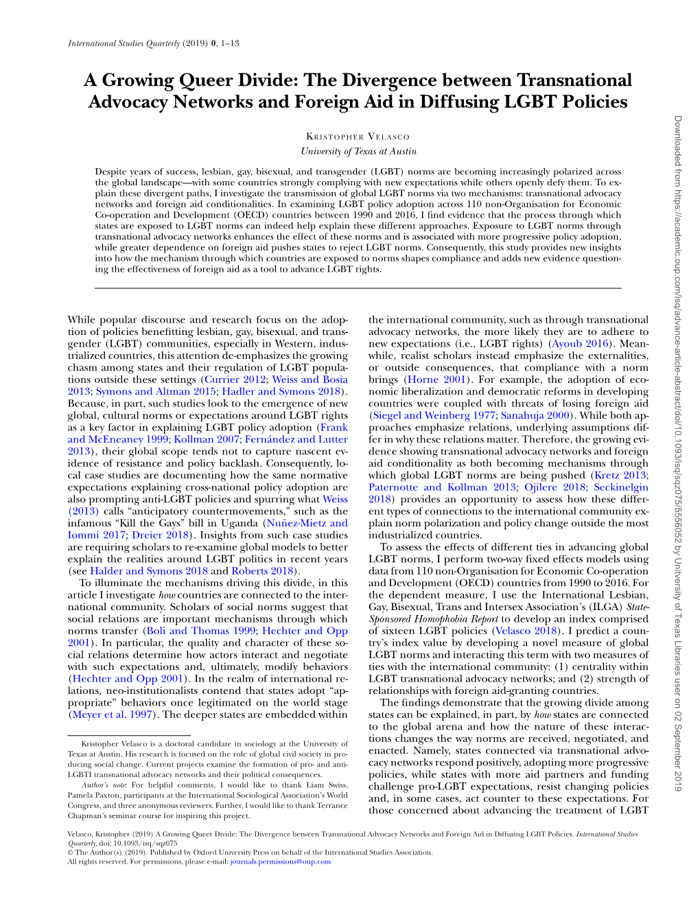 A Growing Queer Divide: the Divergence Between Transnational Advocacy Networks and Foreign Aid in Diffusing LGBT Policies