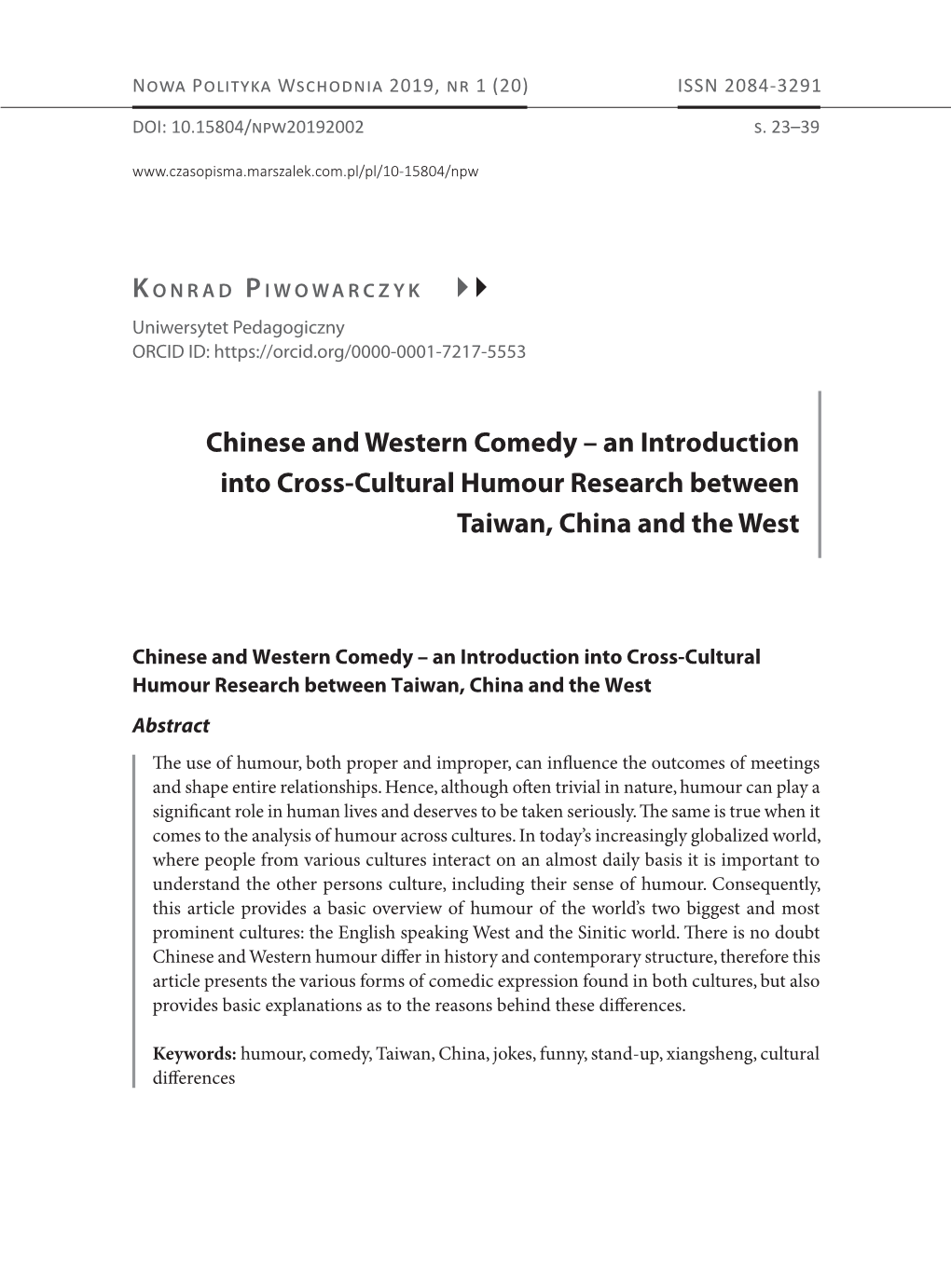 Chinese and Western Comedy – an Introduction Into Cross-Cultural Humour Research Between Taiwan, China and the West