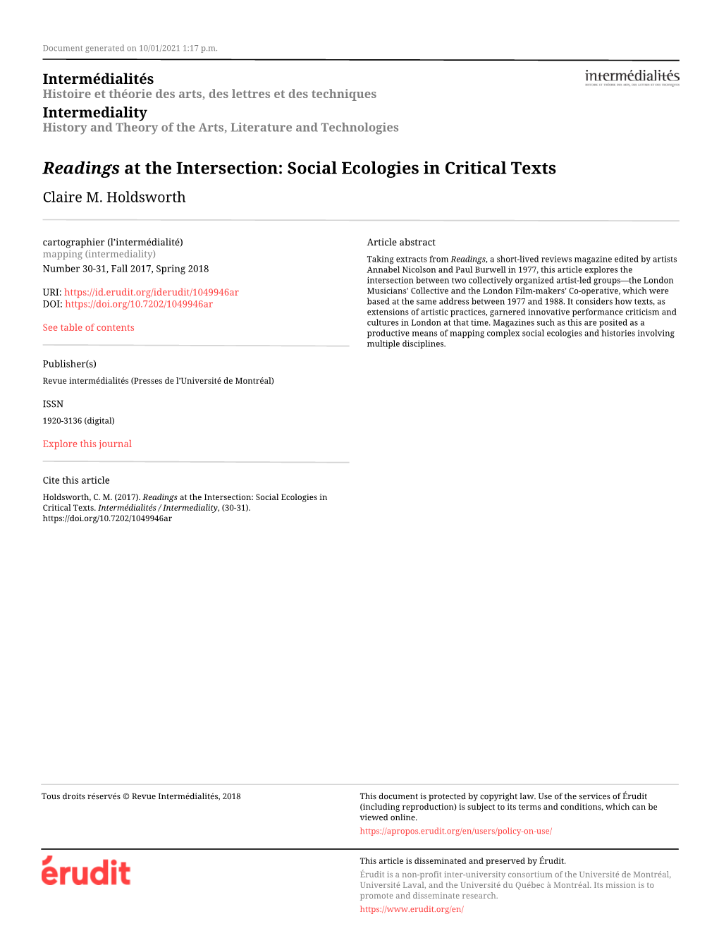 Social Ecologies in Critical Texts Claire M