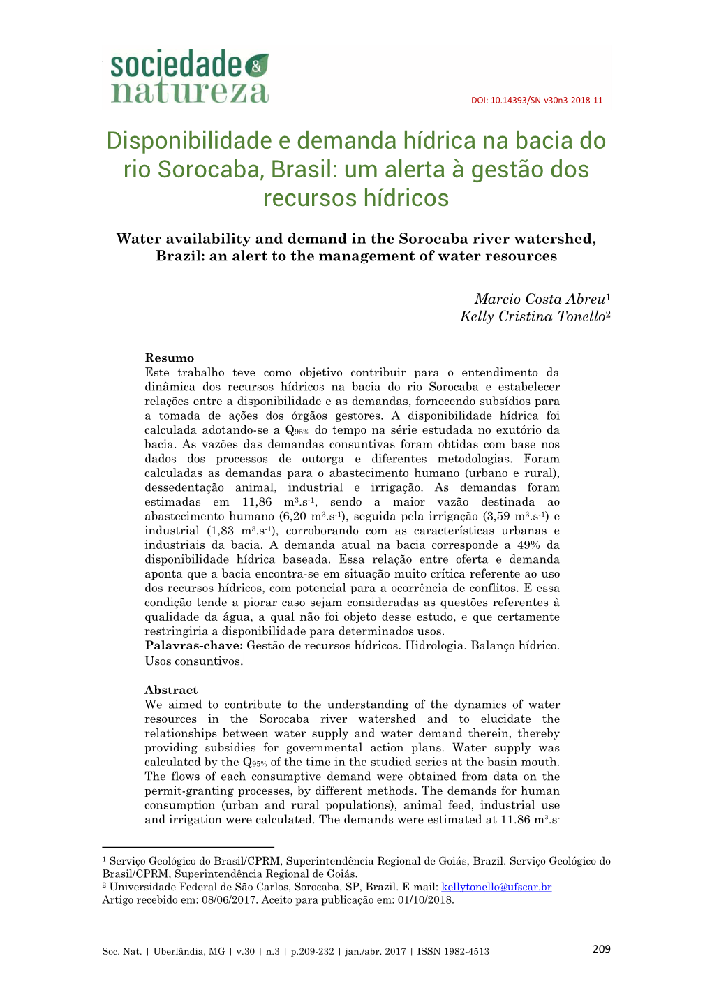 Disponibilidade E Demanda Hídrica Na Bacia Do Rio Sorocaba, Brasil