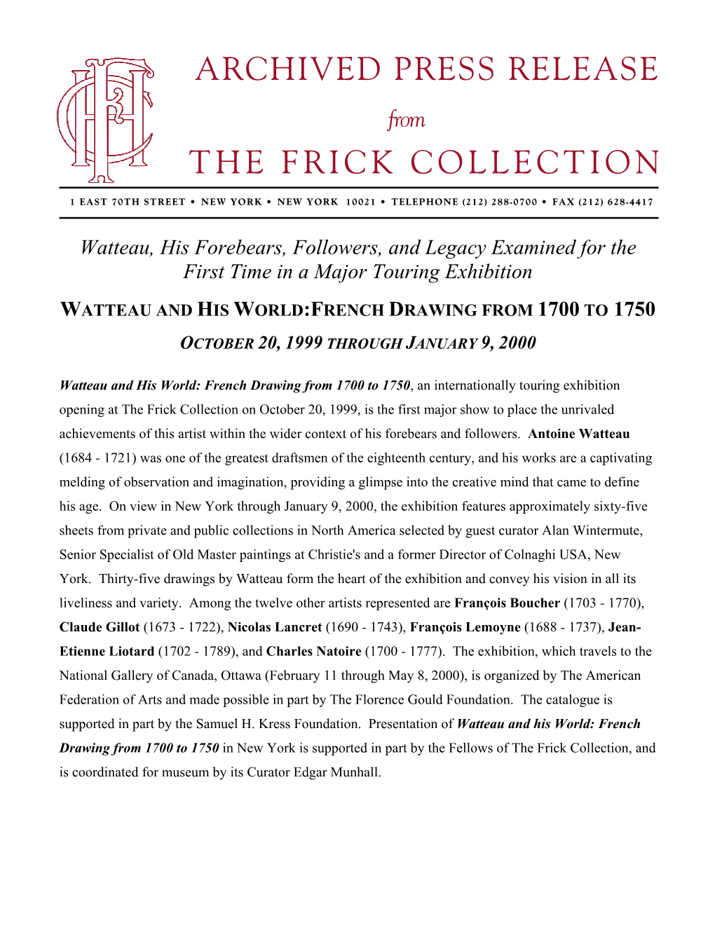 Archived Press Release the Frick Collection