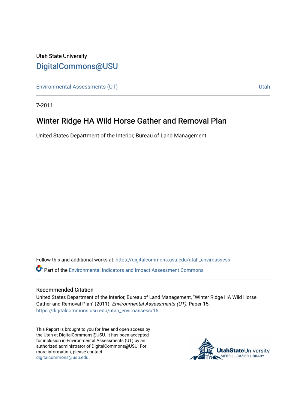 Winter Ridge HA Wild Horse Gather and Removal Plan
