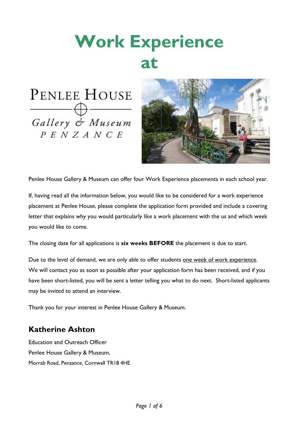 Penlee House Gallery & Museum Can Offer Four Work Experience Placements in Each School Year
