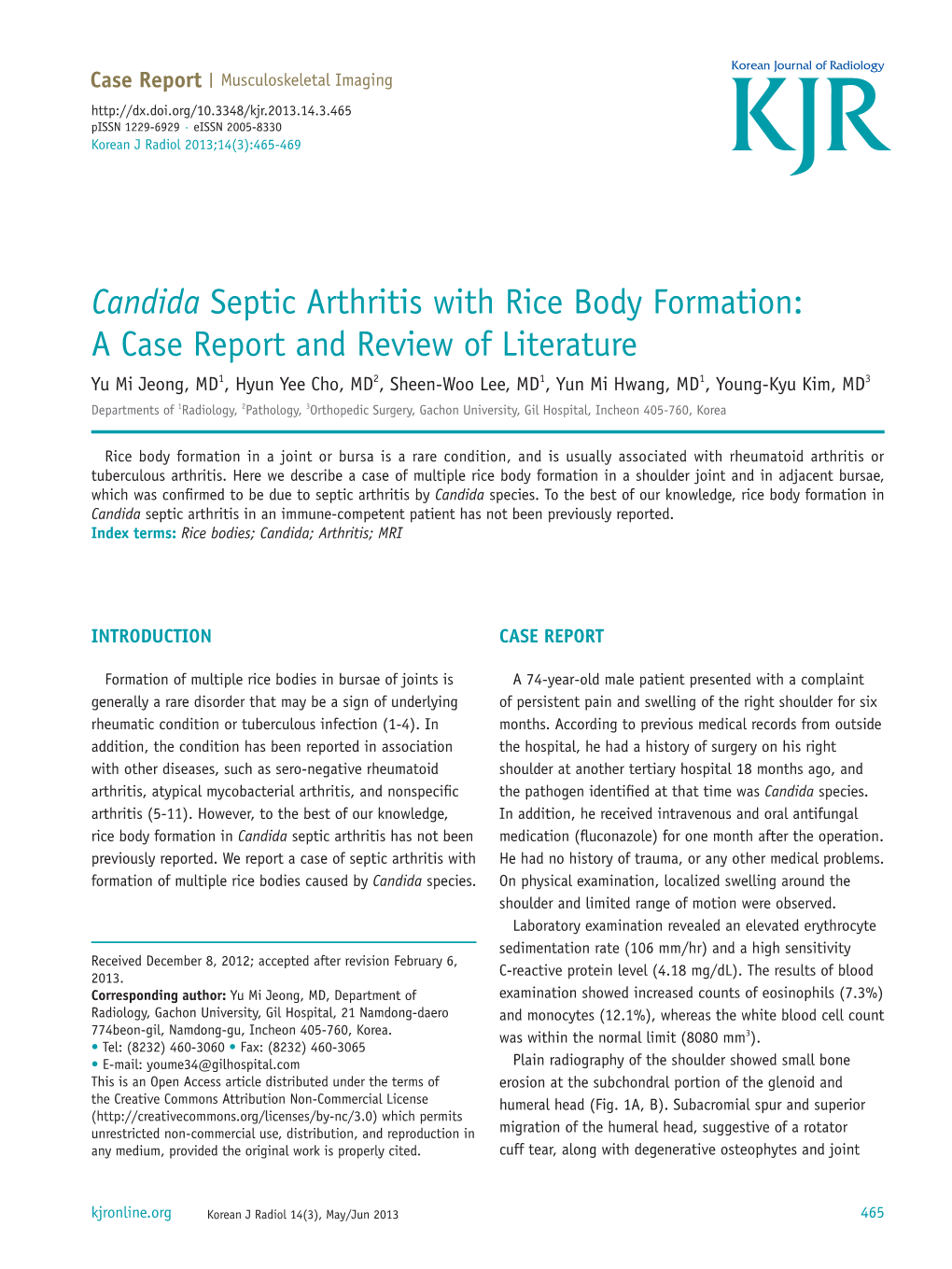 Candida Septic Arthritis with Rice Body Formation