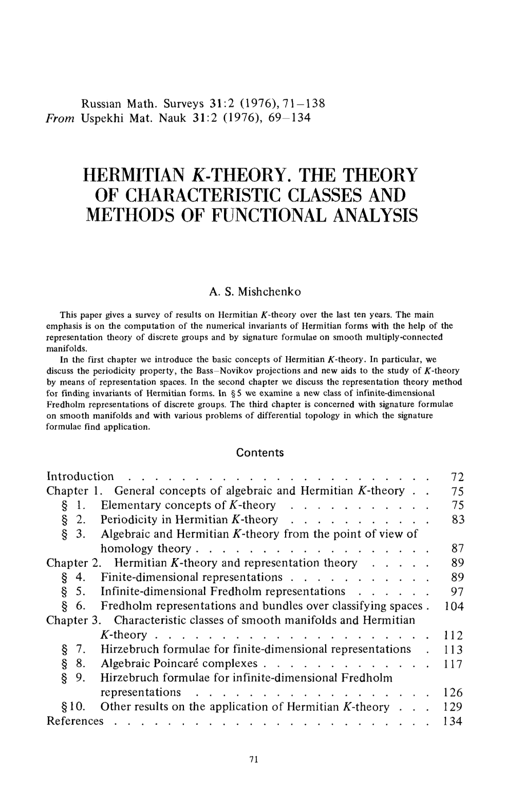 Hermitian K-Theory. the Theory of Characteristic Classes and Methods of Functional Analysis