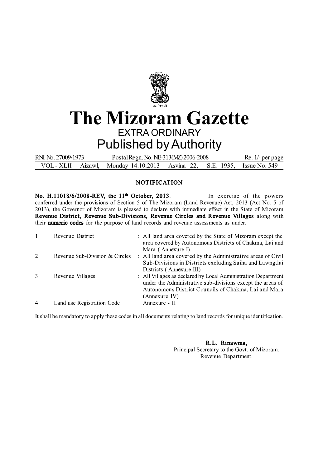 The Mizoram Gazette EXTRA ORDINARY Published by Authority RNI No