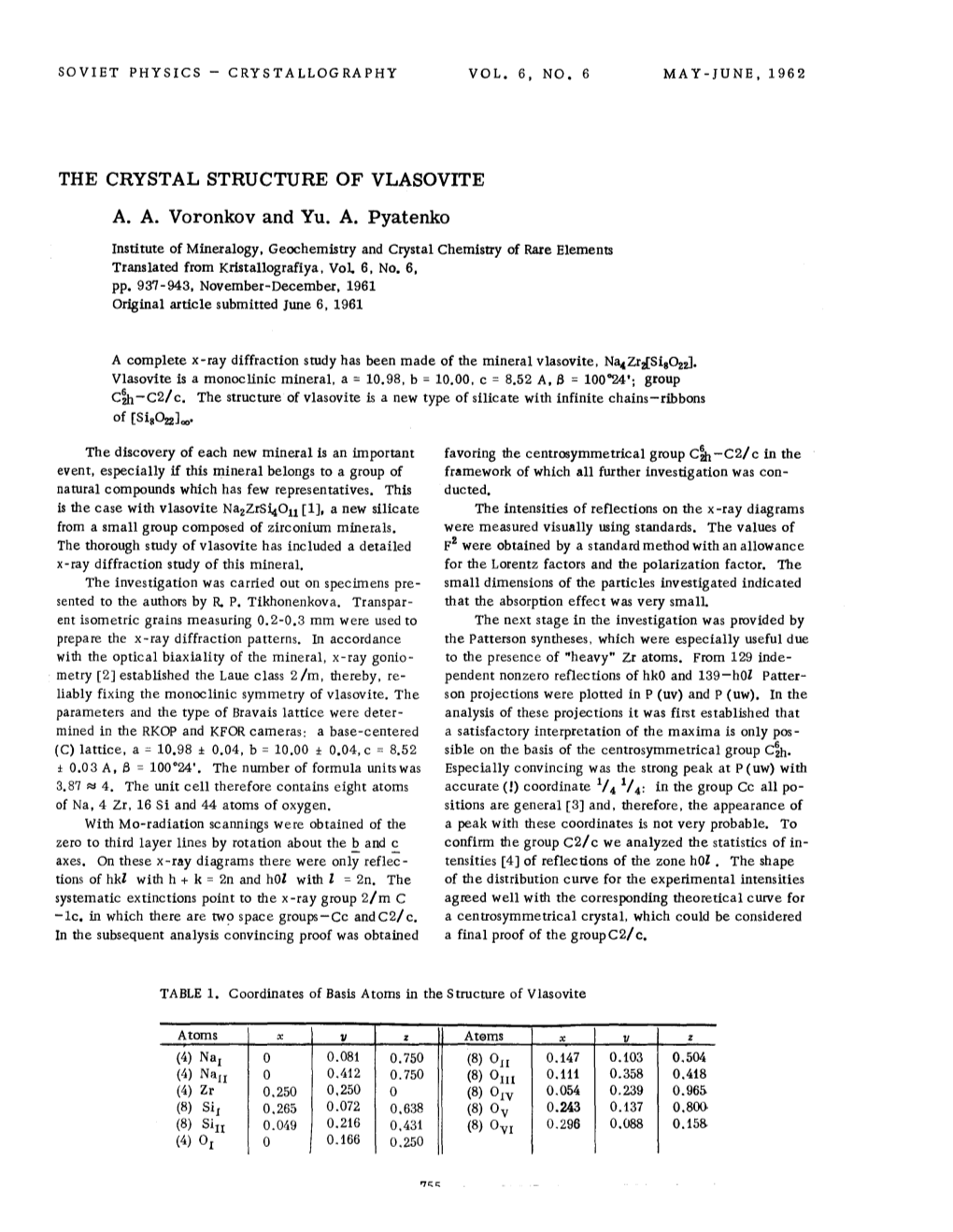 THE CRYSTAL STRUCTURE of VLASOVITE A. A. Voronkov and Yu