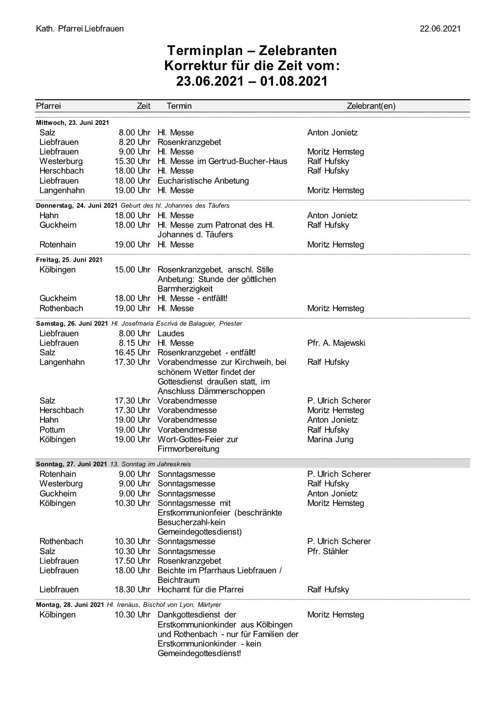 Zelebranten Korrektur Für Die Zeit Vom: 23.06.2021 – 01.08.2021