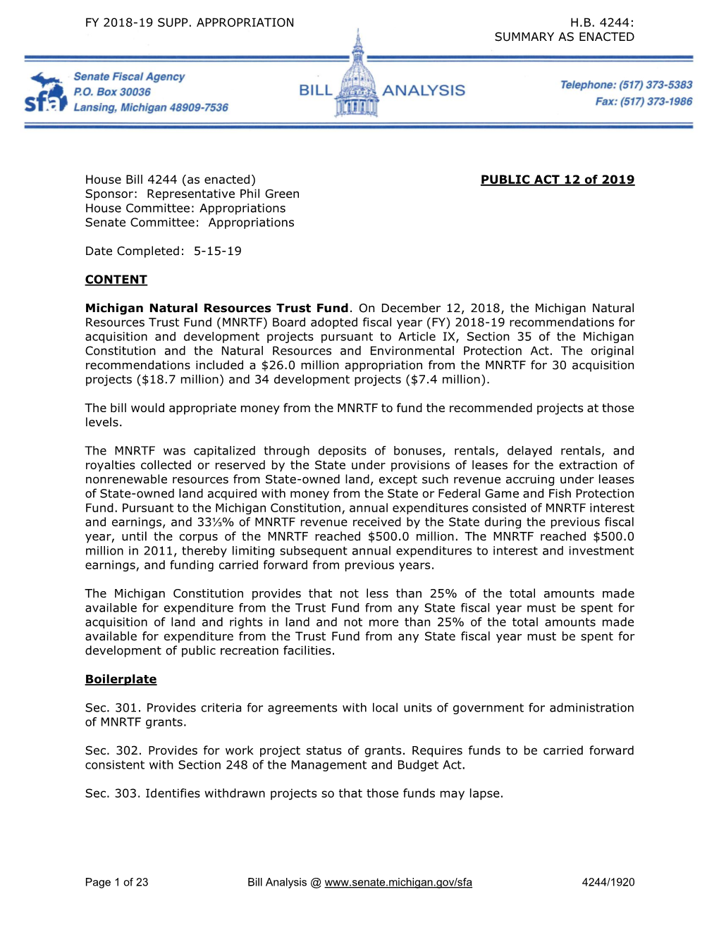 Page 1 of 23 Bill Analysis @ 4244/1920 FISCAL IMPACT