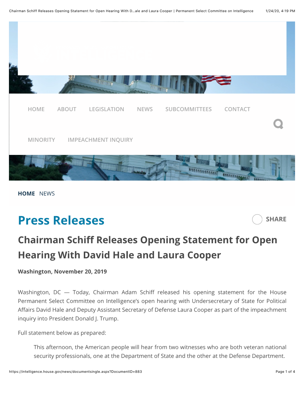 Chairman Schiff Opening Statement for Sixth Open Hearing