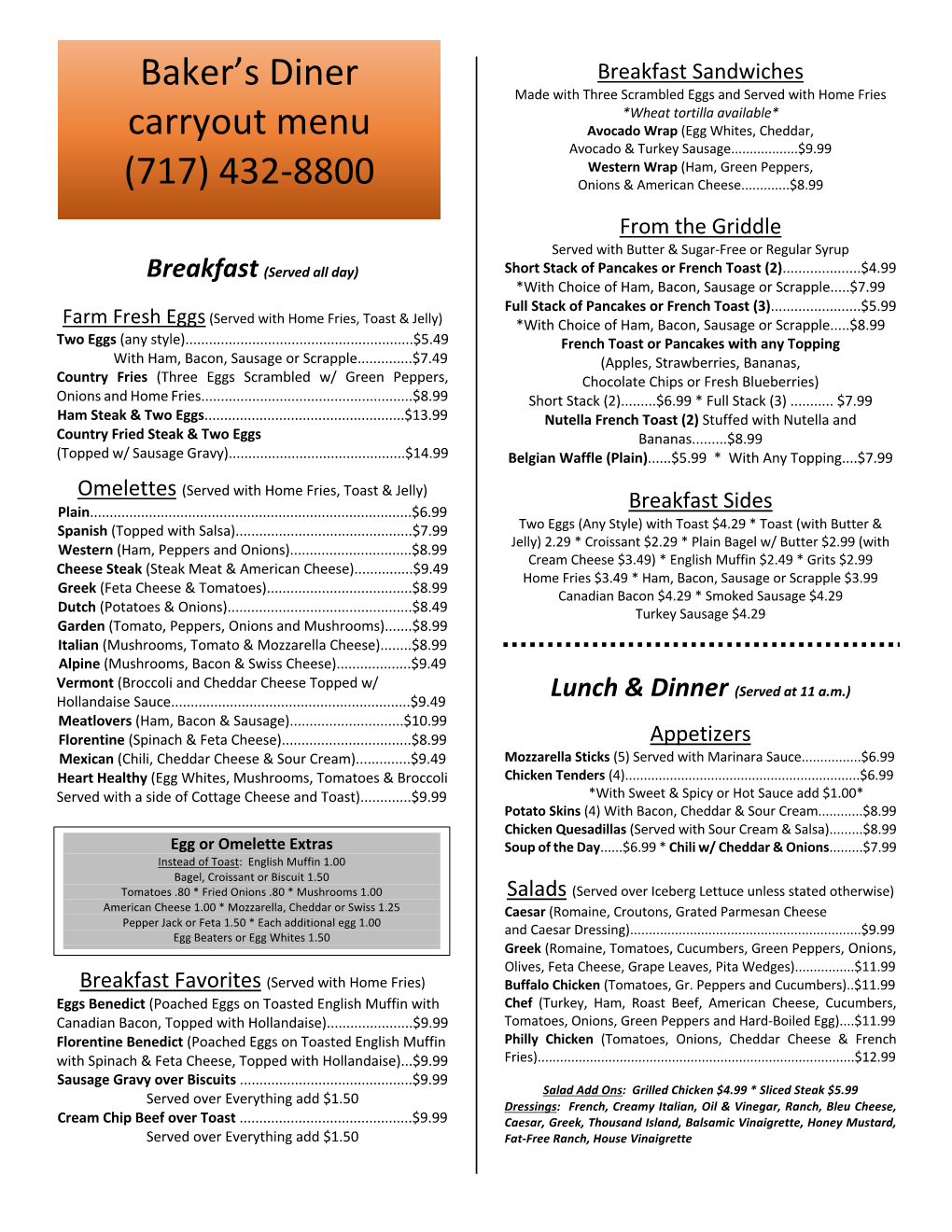 Baker's Diner Carryout Menu (717) 432-8800