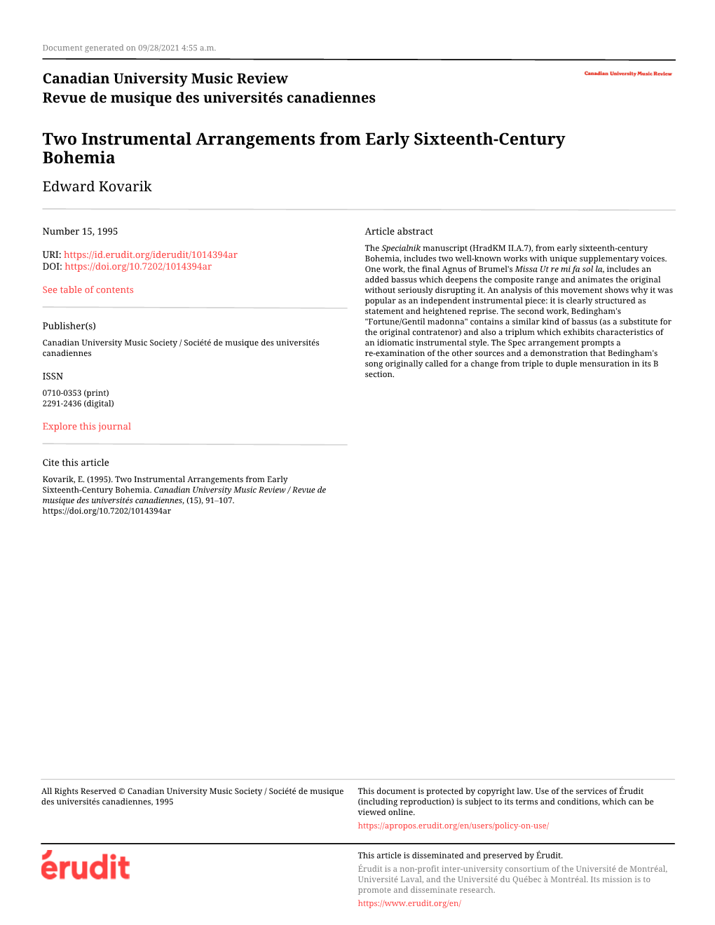 Two Instrumental Arrangements from Early Sixteenth-Century Bohemia Edward Kovarik