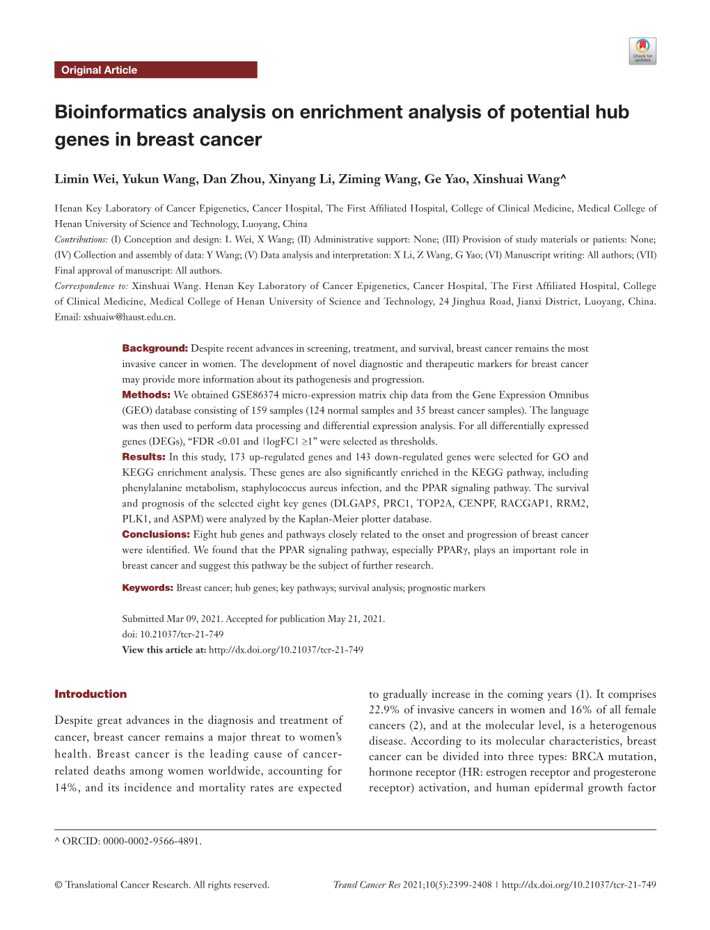 Bioinformatics Analysis on Enrichment Analysis of Potential Hub Genes in Breast Cancer