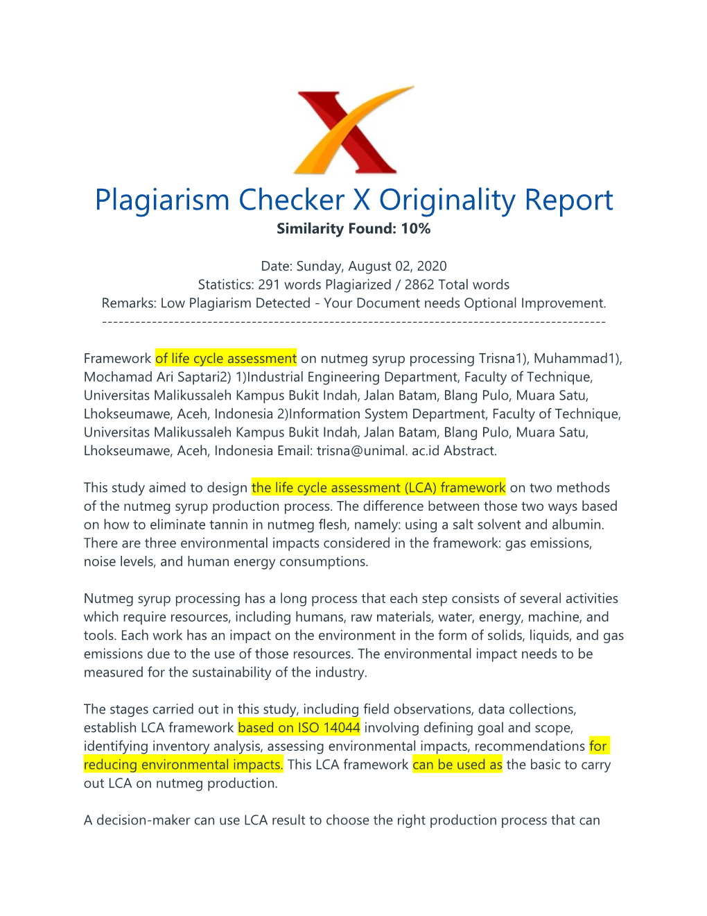 Plagiarism Checker X Originality Report Similarity Found: 10%