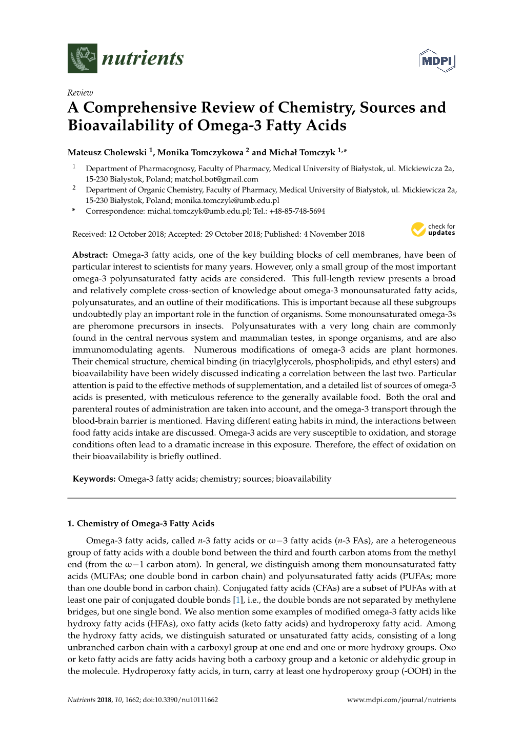 A Comprehensive Review of Chemistry, Sources and Bioavailability of Omega-3 Fatty Acids