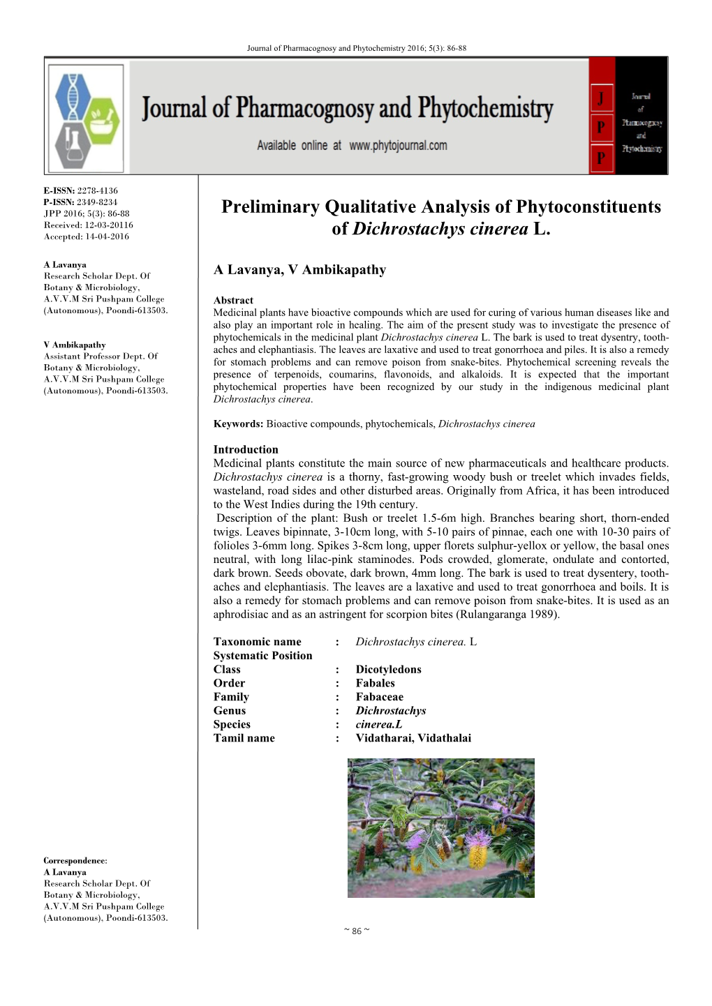 Preliminary Qualitative Analysis of Phytoconstituents of Dichrostachys Cinerea L
