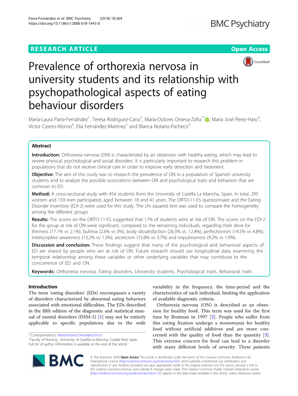 Prevalence of Orthorexia Nervosa in University Students and Its Relationship with Psychopathological Aspects of Eating Behaviour