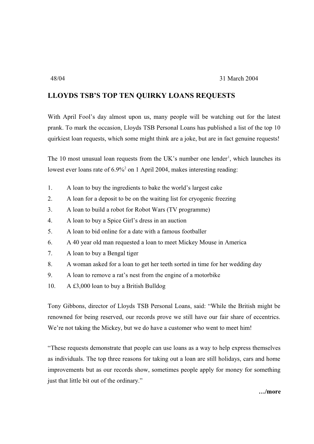 Lloyds Tsb S Top Ten Quirky Loans Requests