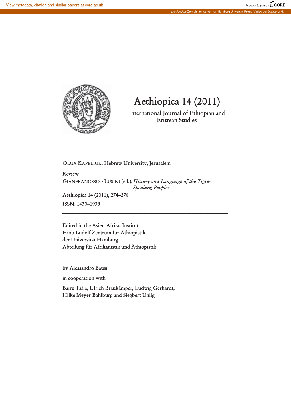 Aethiopica 14 (2011) International Journal of Ethiopian and Eritrean Studies