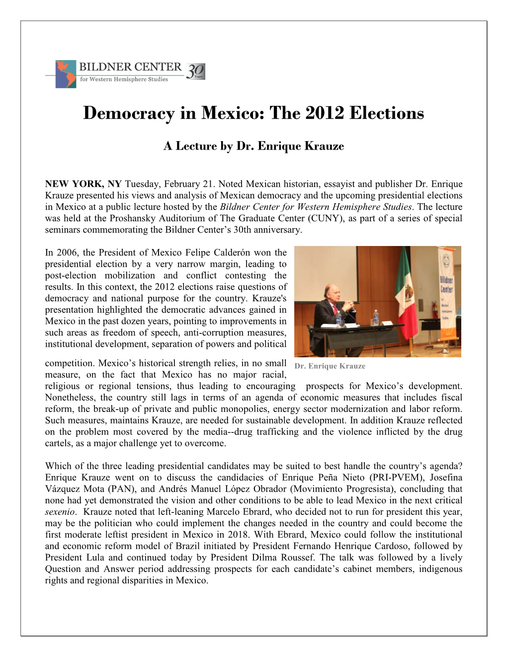 Democracy in Mexico: the 2012 Elections