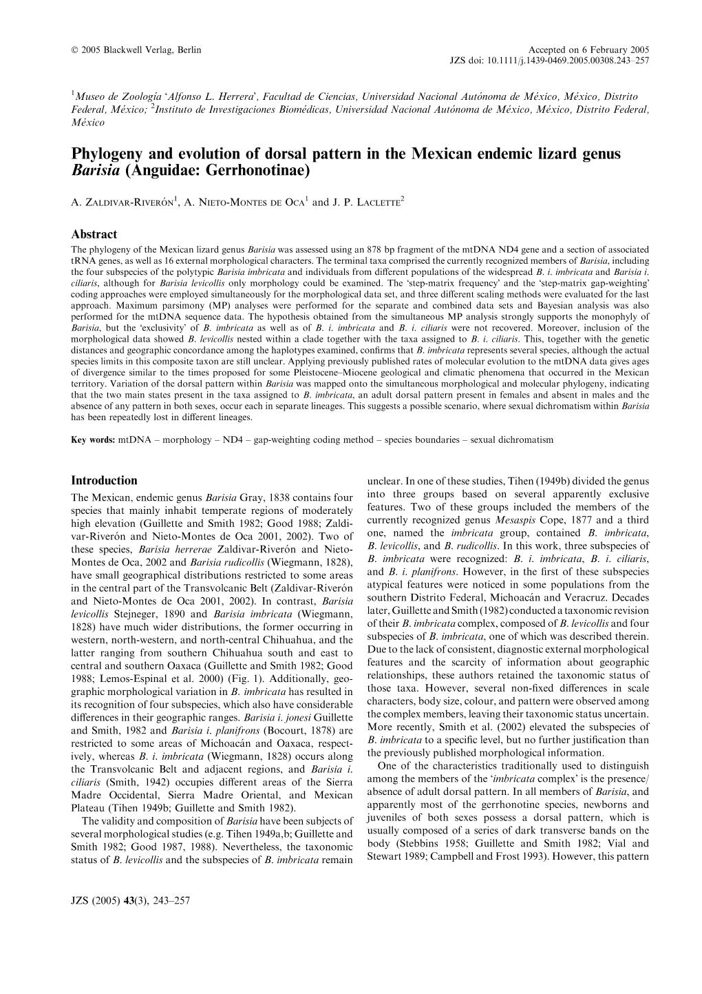 Phylogeny and Evolution of Dorsal Pattern in the Mexican Endemic Lizard Genus Barisia (Anguidae: Gerrhonotinae)