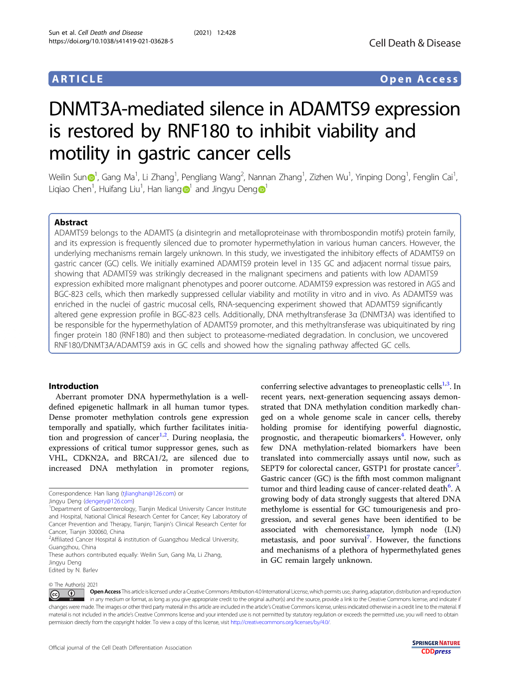 DNMT3A-Mediated Silence in ADAMTS9 Expression Is Restored