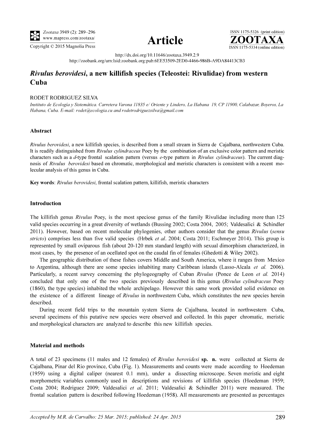 Rivulus Berovidesi, a New Killifish Species (Teleostei: Rivulidae) from Western Cuba