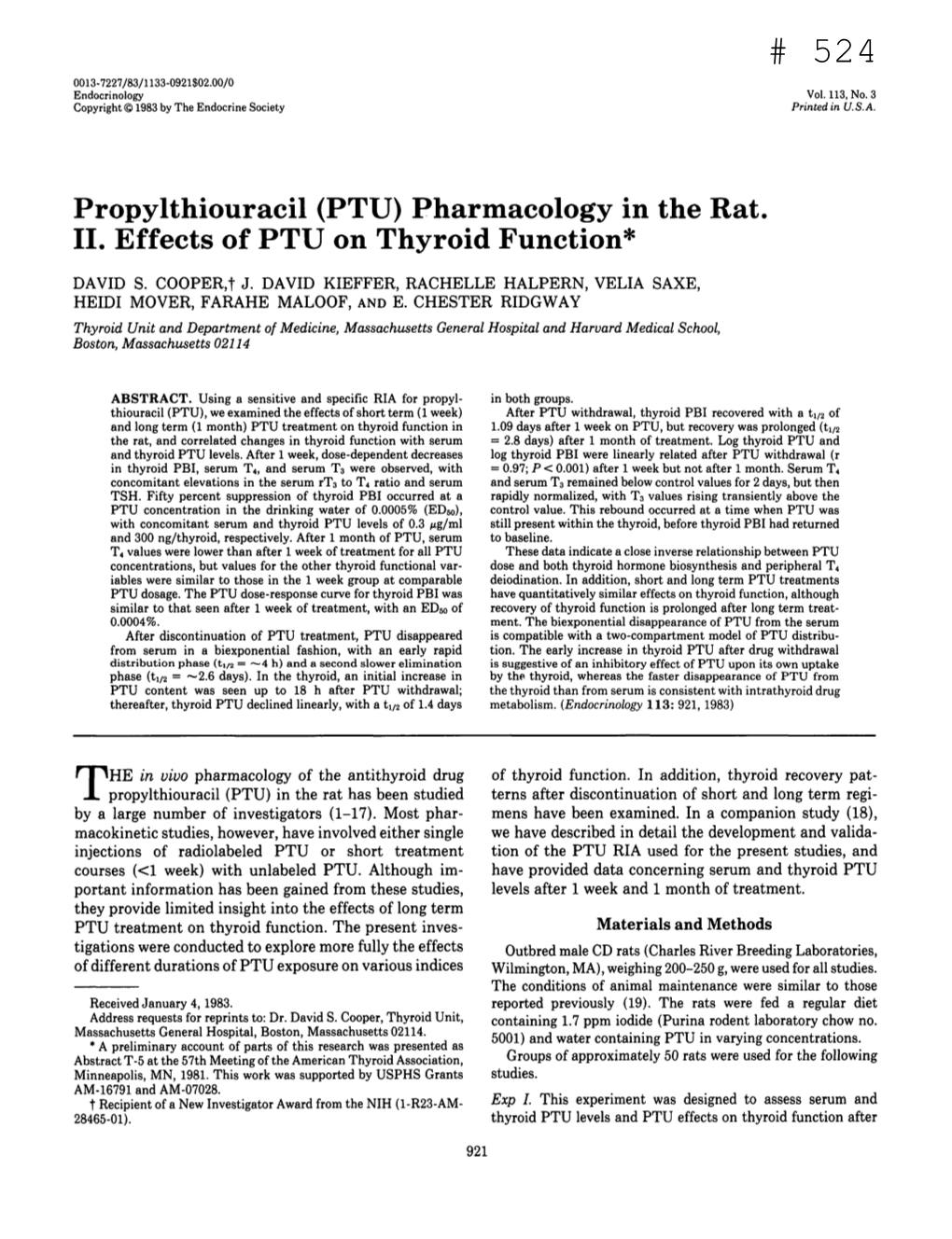 Propylthiouracil (PTU) Pharmacology in the Rat, II. Effects of PTU on Thyroid Function*