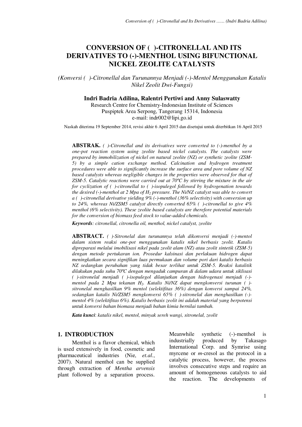 Conversion of (±)-Citronellal and Its Derivatives to (-)-Menthol Using Bifunctional Nickel Zeolite Catalysts