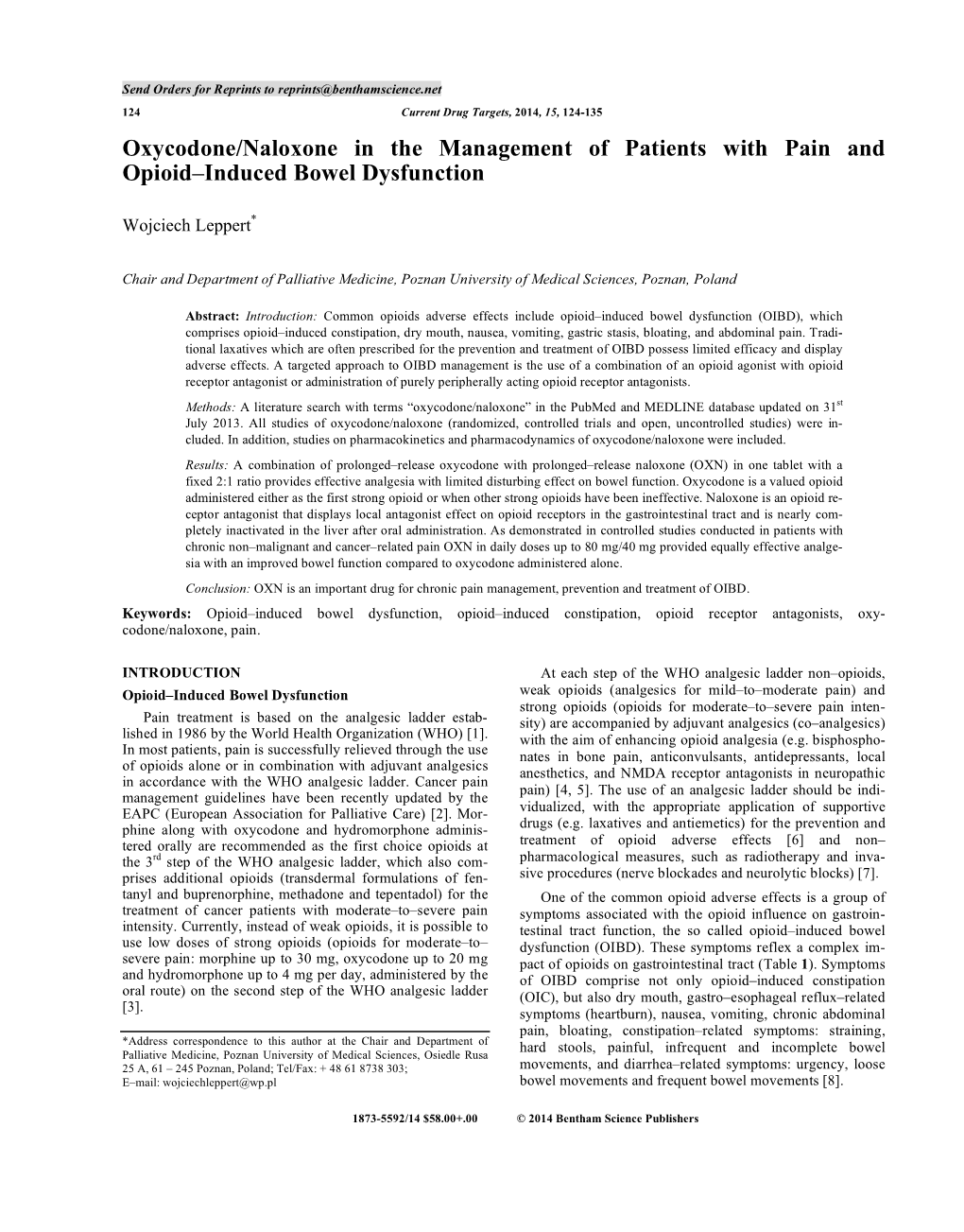 Oxycodone/Naloxone in the Management of Patients with Pain and Opioid–Induced Bowel Dysfunction