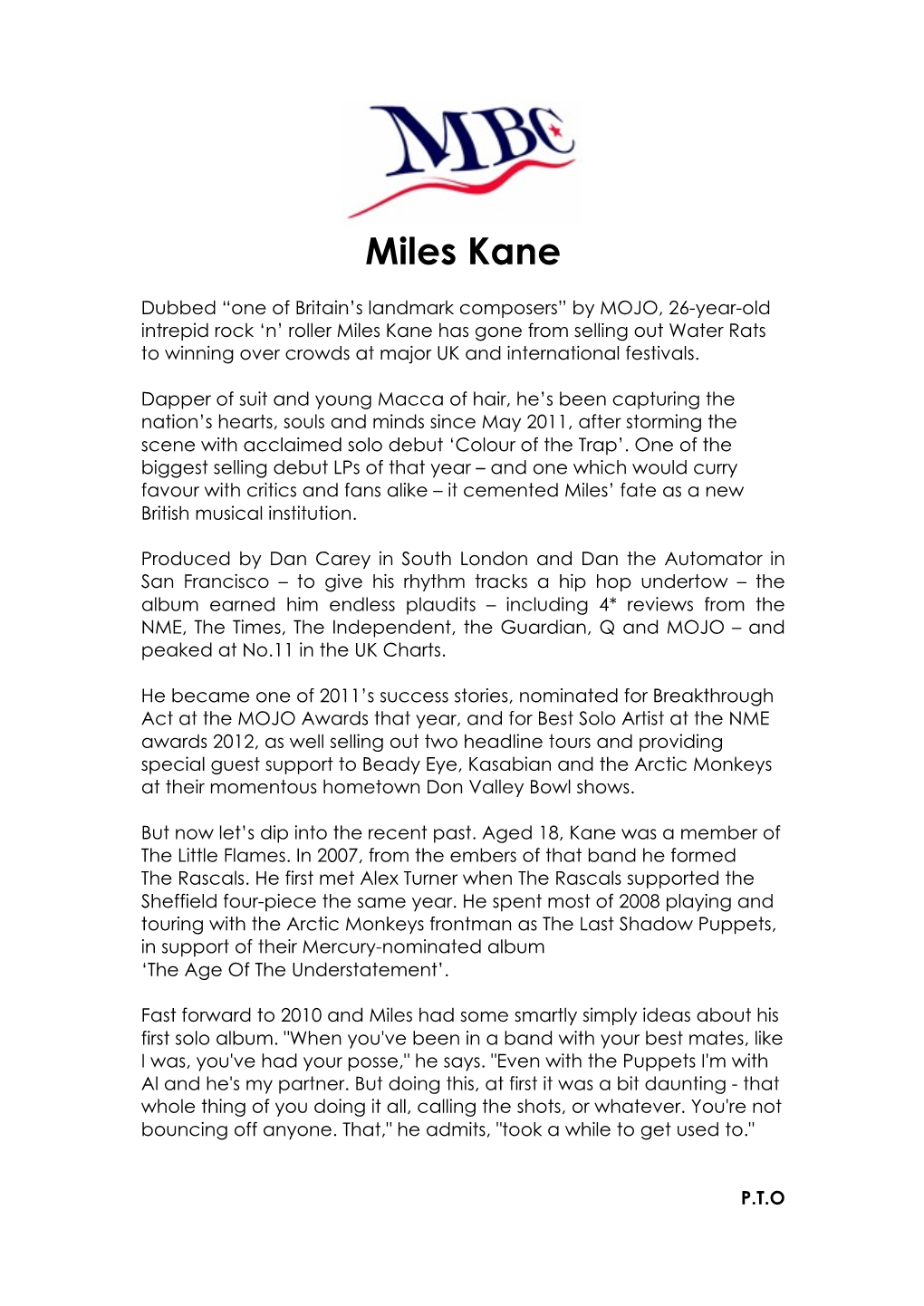 Miles Kane Bio 2012