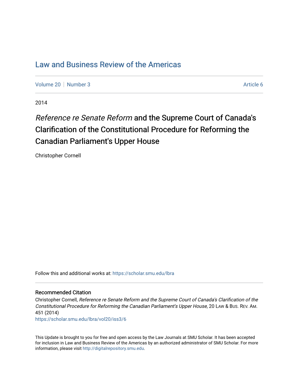 Reference Re Senate Reform and the Supreme Court of Canada's Clarification of the Constitutional Procedure for Reforming the Canadian Parliament's Upper House