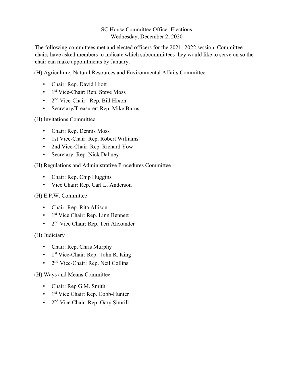 SC House Committee Officer Elections Wednesday, December 2, 2020 the Following Committees Met and Elected Officers for the 2021 -2022 Session