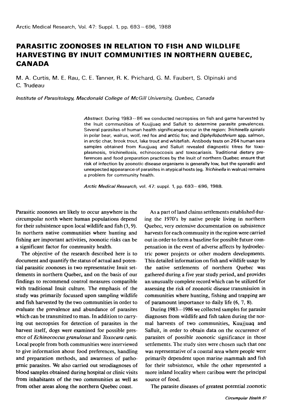 Parasitic Zoonoses in Relation to Fish and Wildlife Harvesting by Inuit Communities in Northern Quebec, Canada