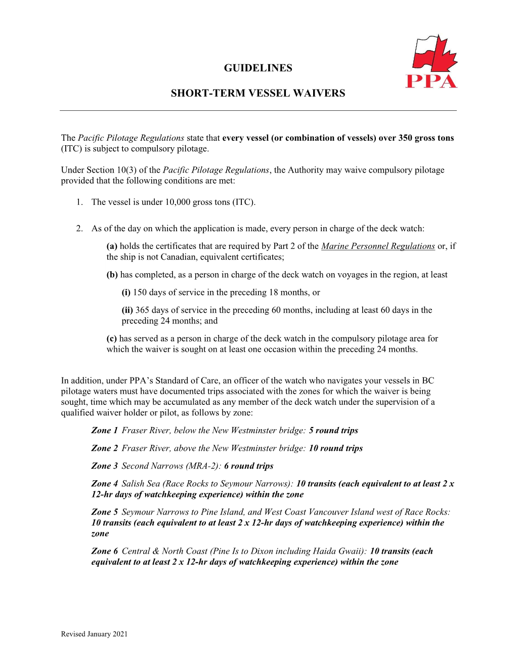 Guidelines Short-Term Vessel Waivers