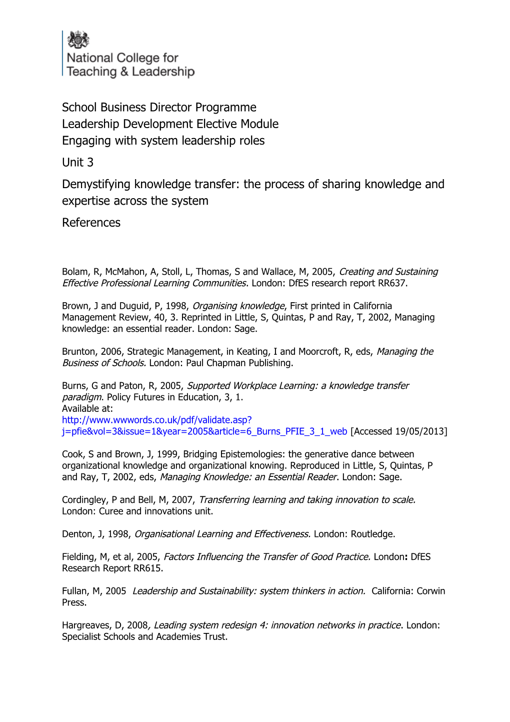 Unit 3 Demystifying Knowledge Transfer References UPDATED 2013