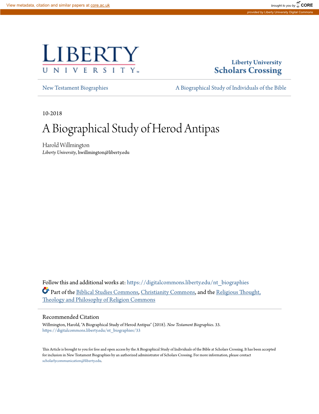 A Biographical Study of Herod Antipas Harold Willmington Liberty University, Hwillmington@Liberty.Edu