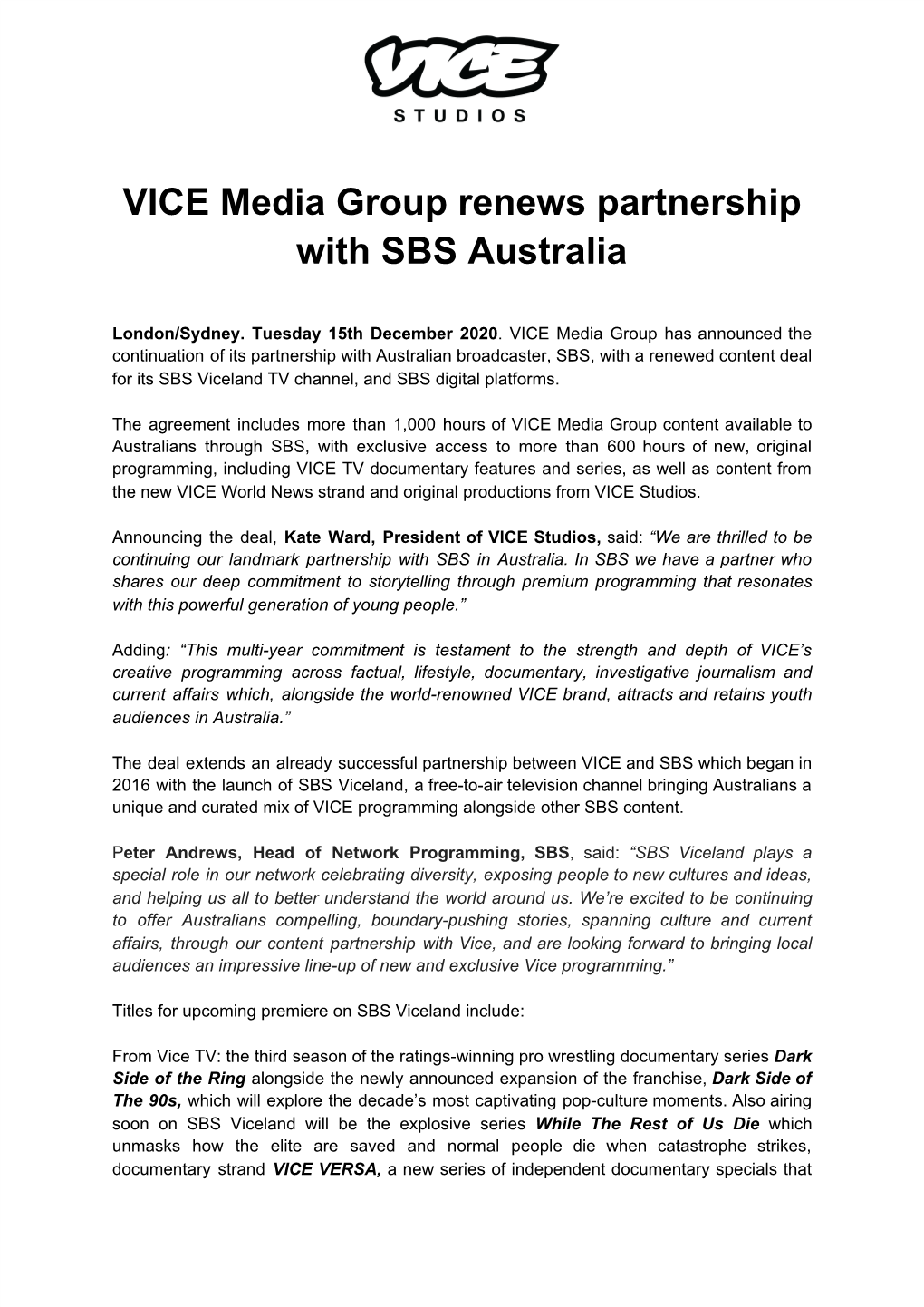 VICE Media Group Renews Partnership with SBS Australia