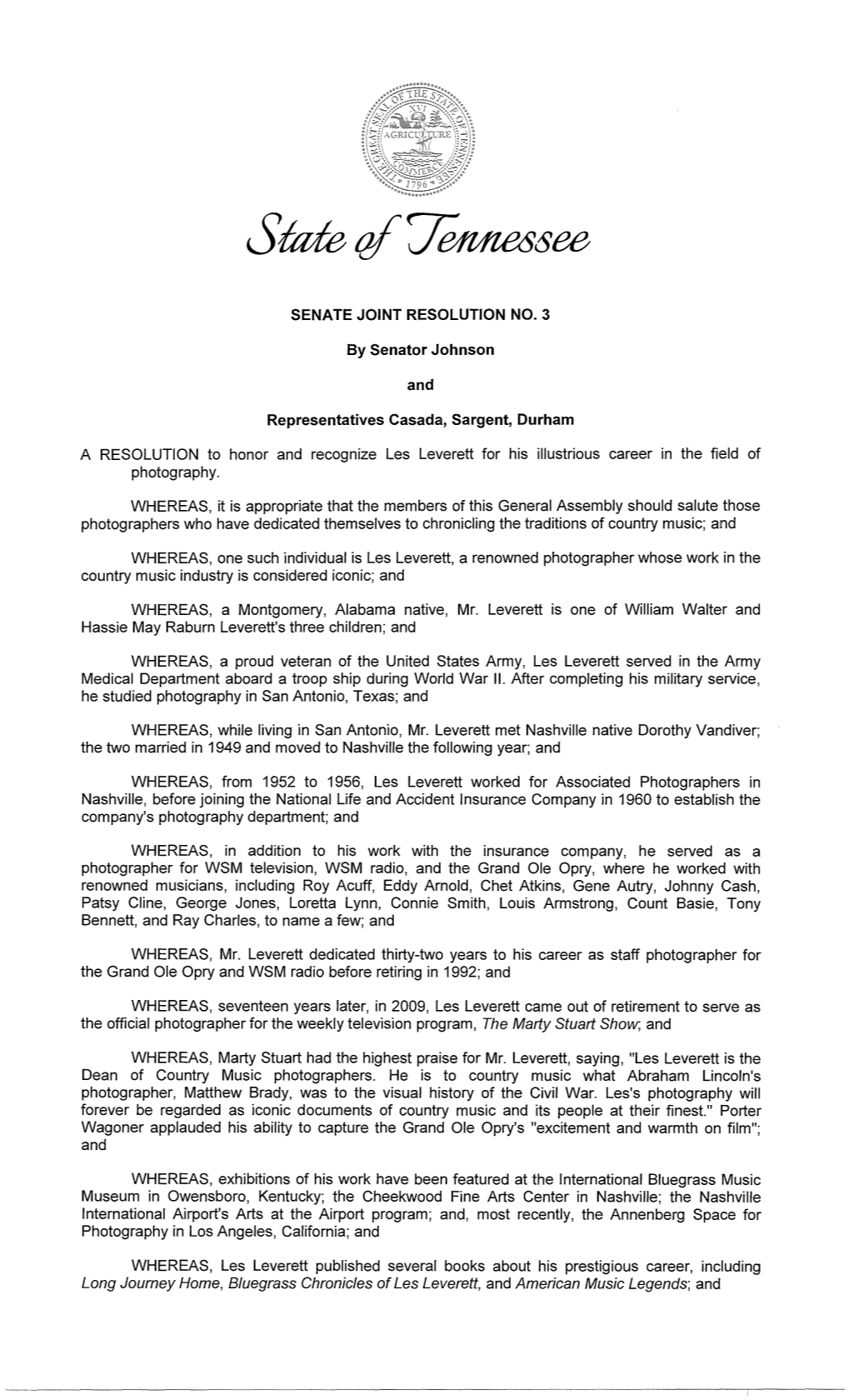 A RESOLUTION to Honor and Recognize Les Leverett for His Illustrious Career in the Field of Photography